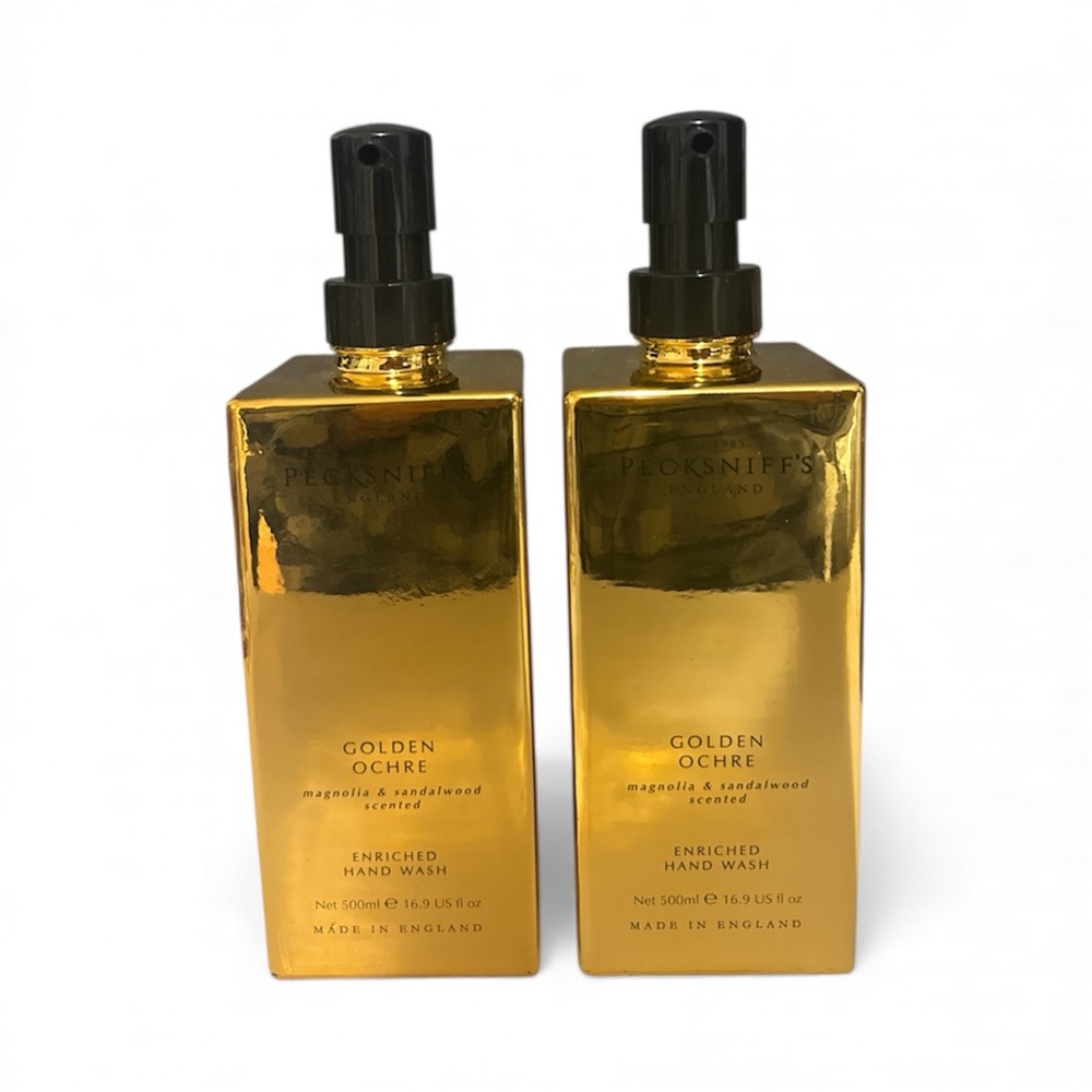 NEW 2x Pecksniffs Golden Ochre Magnolia & Sandalwood Glass Bottle Hand Wash Set